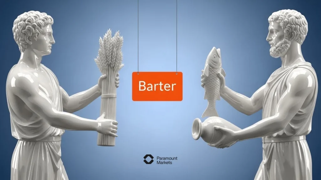سیستم تهاتر کالا به کالا (Barter) در دوران باستان؛ تلاش کشاورز و چوپان برای مبادله گندم با گوسفند و نمایش چالش عدم انطباق نیازها