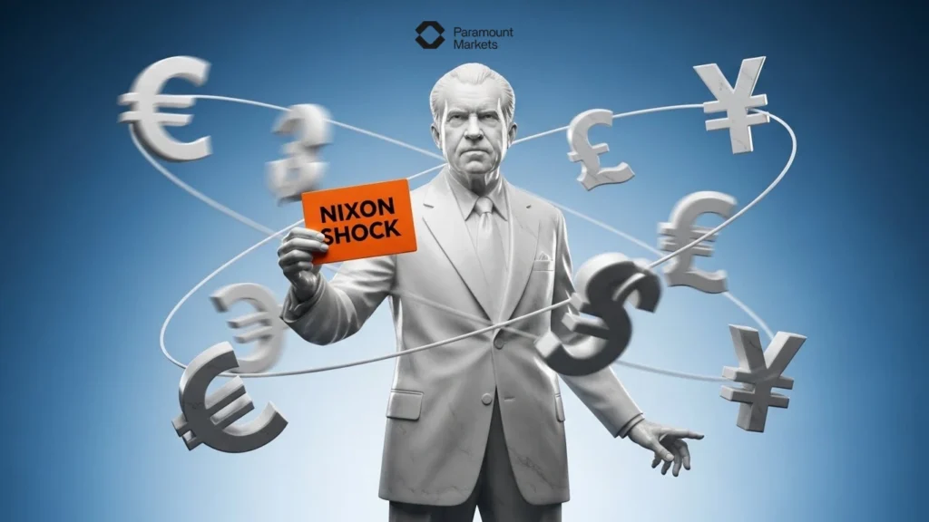 تصویرسازی نمادین «شوک نیکسون» و قطع ارتباط دلار با طلا، که منجر به تولد بازار فارکس مدرن و شناوری ارزها بر اساس عرضه و تقاضا شد