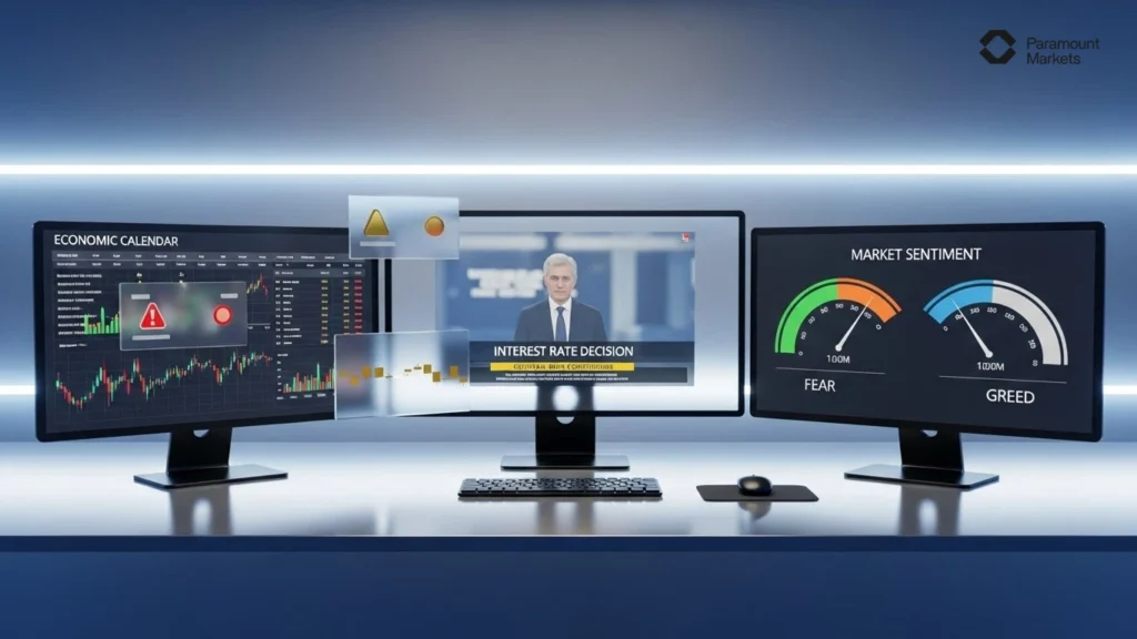 مانیتورهای معاملاتی نمایش‌دهنده عوامل موثر بر قیمت جفت ارزها شامل تقویم اقتصادی، خبر نرخ بهره و شاخص احساسات بازار (ترس و طمع)