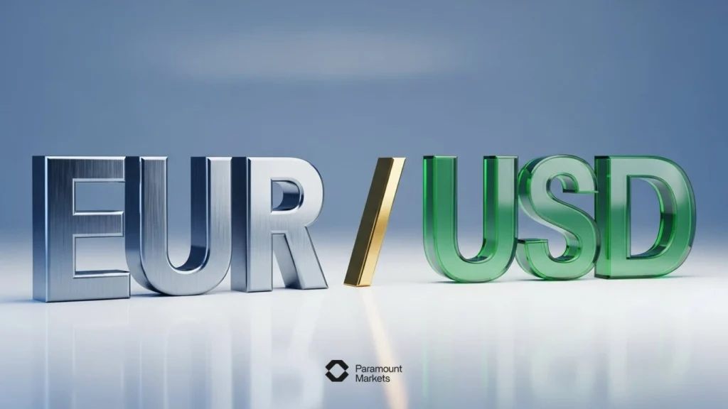 نماد گرافیکی و سه بعدی جفت ارز EUR/USD (یورو به دلار آمریکا) که ساختار ارز پایه و ارز مظنه را نشان می‌دهد