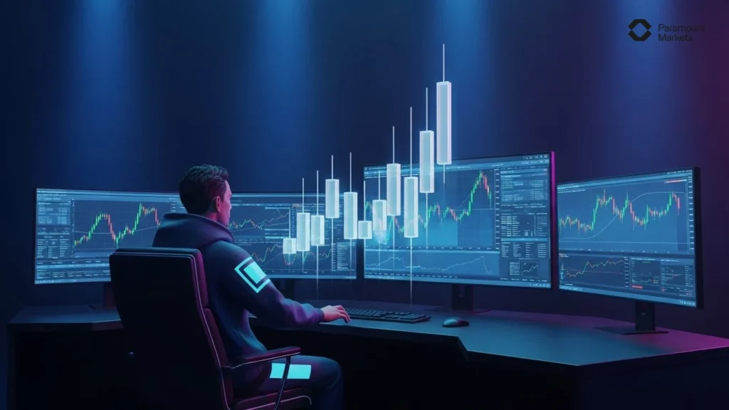 نمایشی از محیط کار یک معامله‌گر فارکس و استفاده از پلتفرم‌های معاملاتی برای تحلیل روند قیمت جفت ارزها
