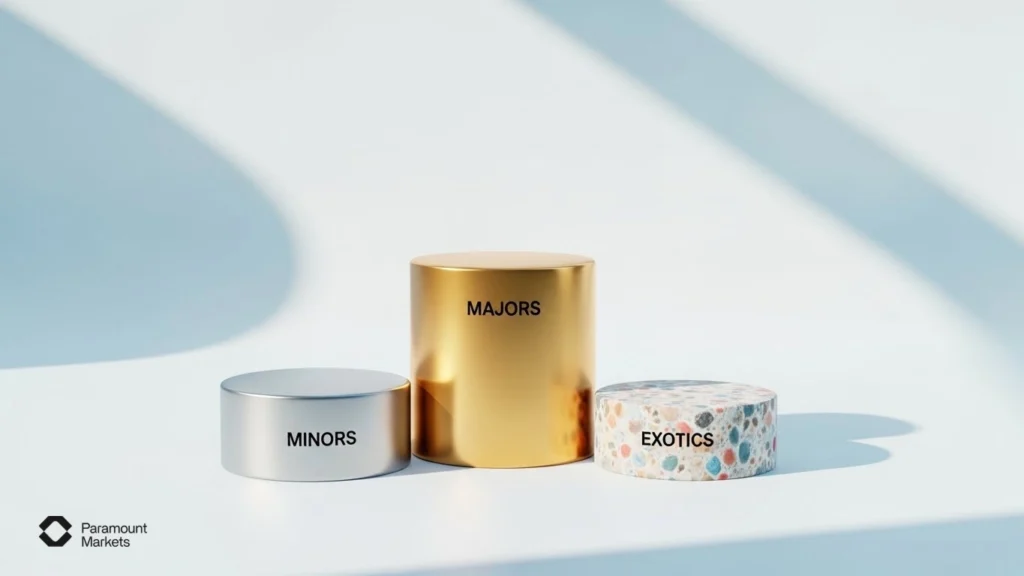 دسته‌بندی انواع جفت‌ارزهای فارکس در هرم نقدینگی: جفت‌های اصلی (Majors)، فرعی (Minors) و اگزوتیک (Exotic)