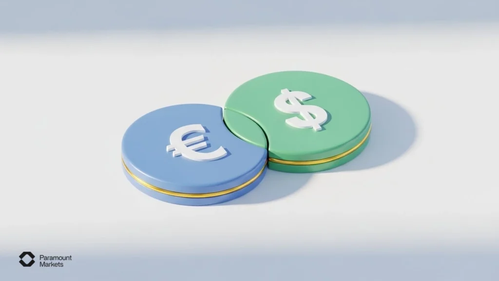 تصویرسازی سه‌بعدی نماد جفت‌ارز EUR/USD (یورو به دلار) به عنوان محبوب‌ترین دارایی قابل معامله در بازار فارکس